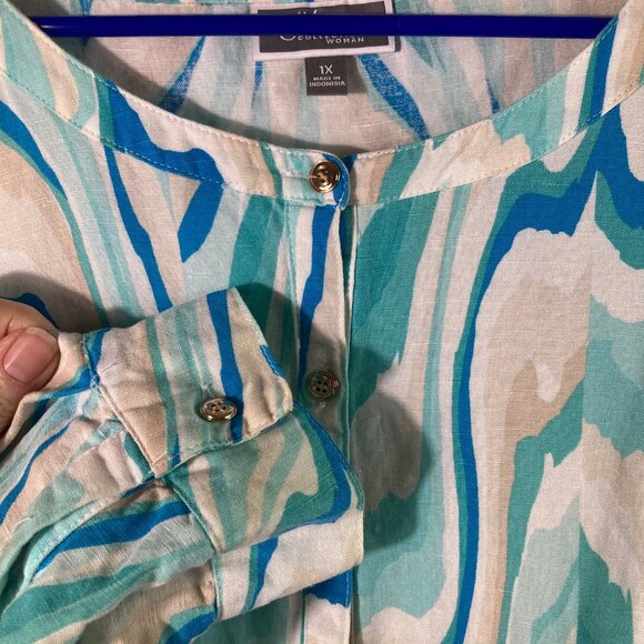 Womens JM Collection Linen Blend Button Shirt Wave‎ Pattern 1X - Picture 9 of 10